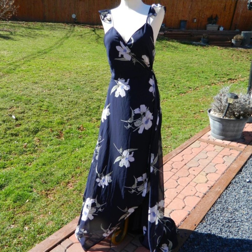 Lulu's All Mine Navy Blue Floral Print High-Low Wrap Dress